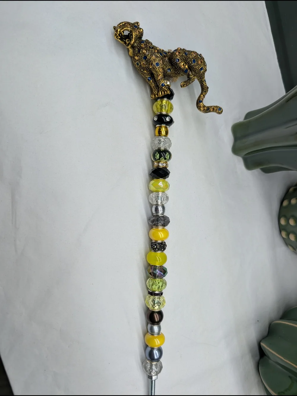 Hand Made Beaded Fairy Wand/Plant/Garden Stake W/Crystal Cheetah/Leopard Topper